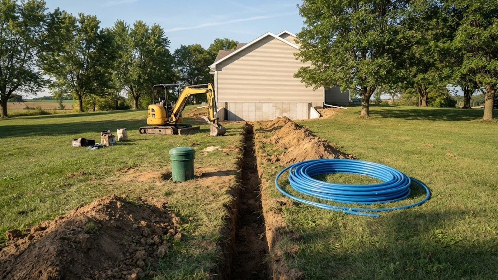 Fresh trench with water line running from a new well cap to a house foundation