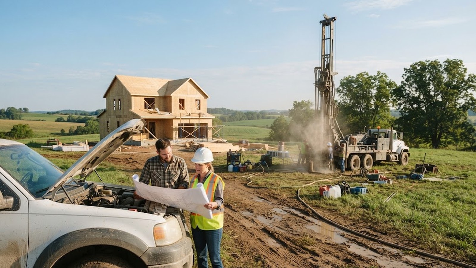 Homeowner and contractor reviewing plans near a well drilling rig at a new home site
