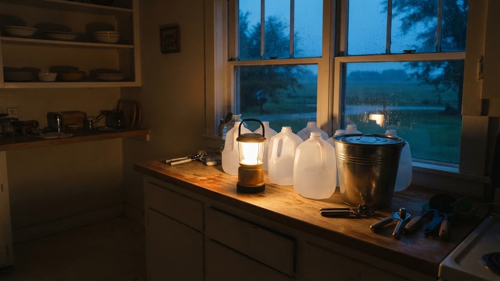 Stored water jugs and a lantern on a kitchen counter during a power outage