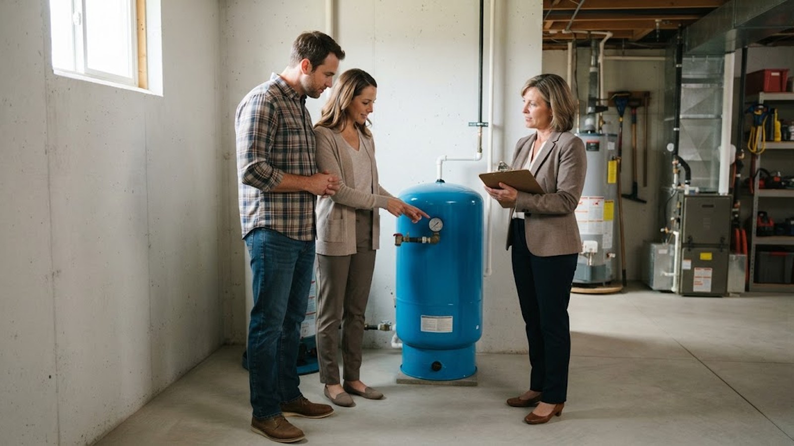 Home buyers looking at a well pressure tank in a basement during a showing