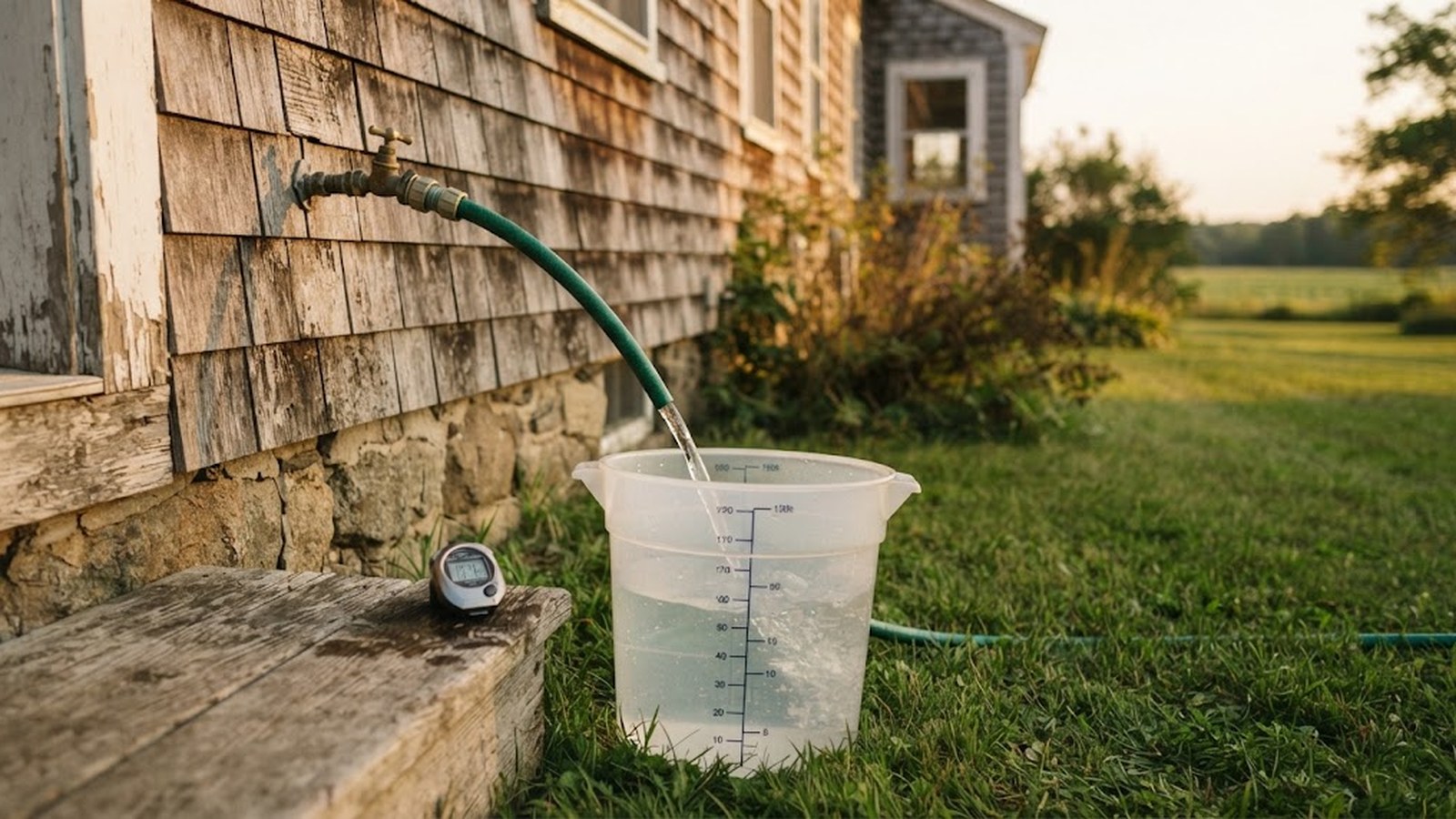 Hose filling a measured bucket beside a stopwatch next to a rural home