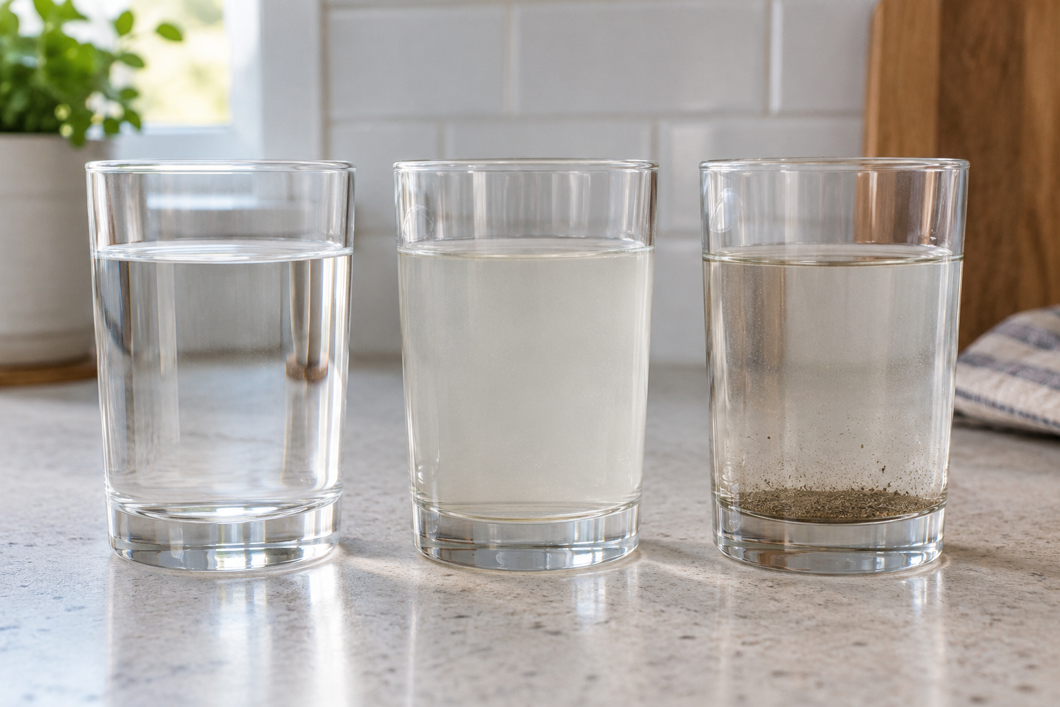 Water pouring from a faucet into a clear drinking glass
