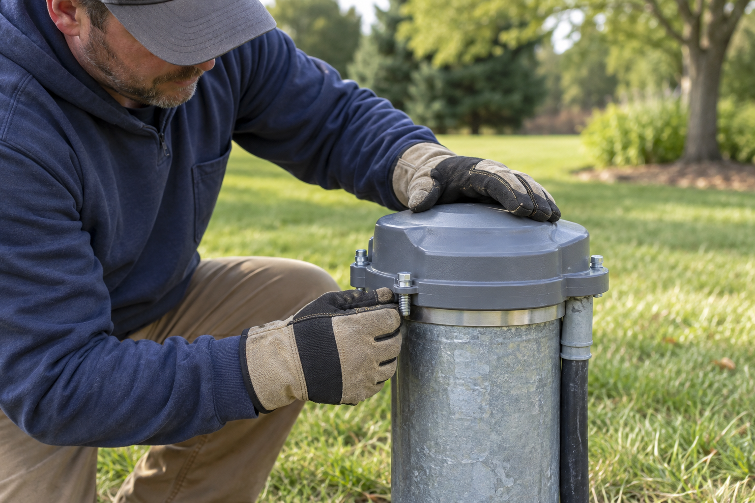 A USGS scientist monitoring equipment during an aquifer test beside a well.