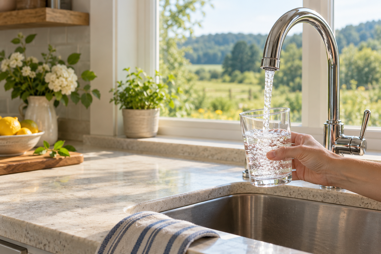 A person filling a clear drinking glass at a kitchen faucet